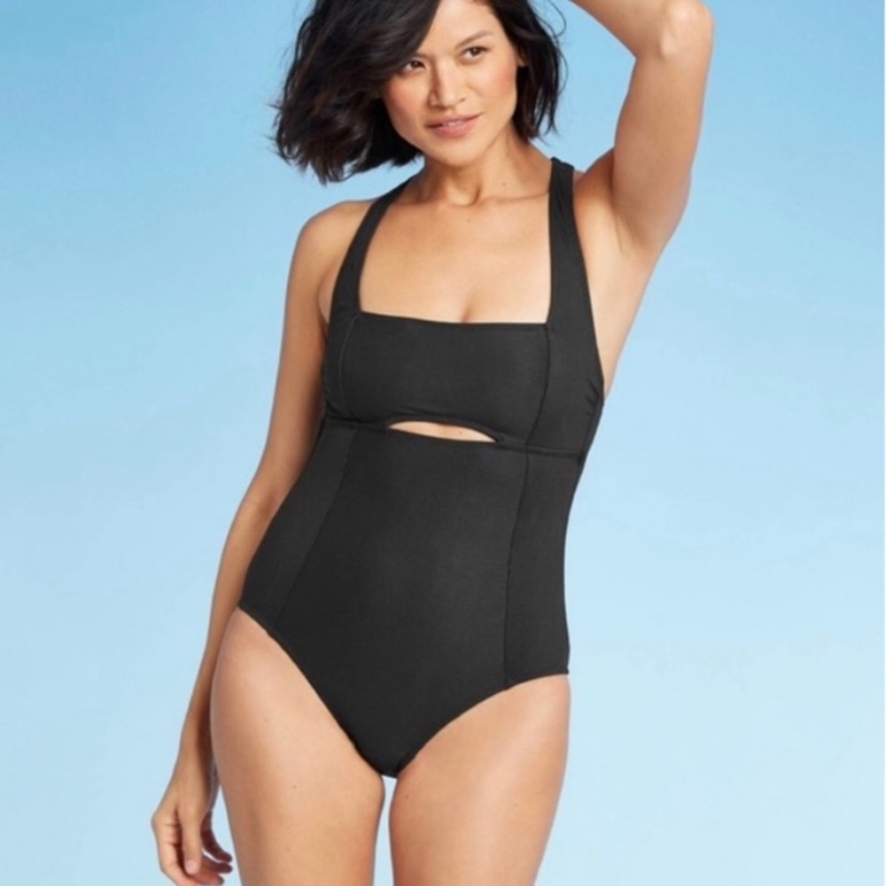 All in Motion One Piece Swim Suit Black Ribbed Multi-way Strap Cutout Medium